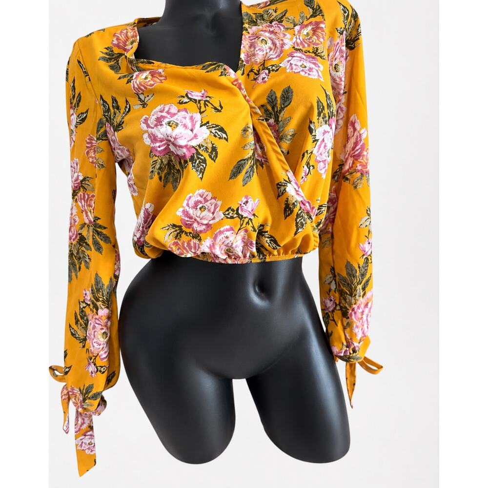 Charlotte Russe Extra Small Mustard Floral Wrap Top Y2K Boho Tie Cuff Blouse